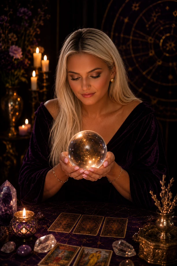Amanda of Lodi Psychic holding a glowing crystal ball over her tarot cards