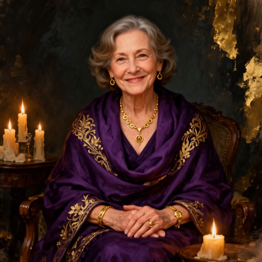 Amanda, the Lodi psychic, seated with candles in purple and gold